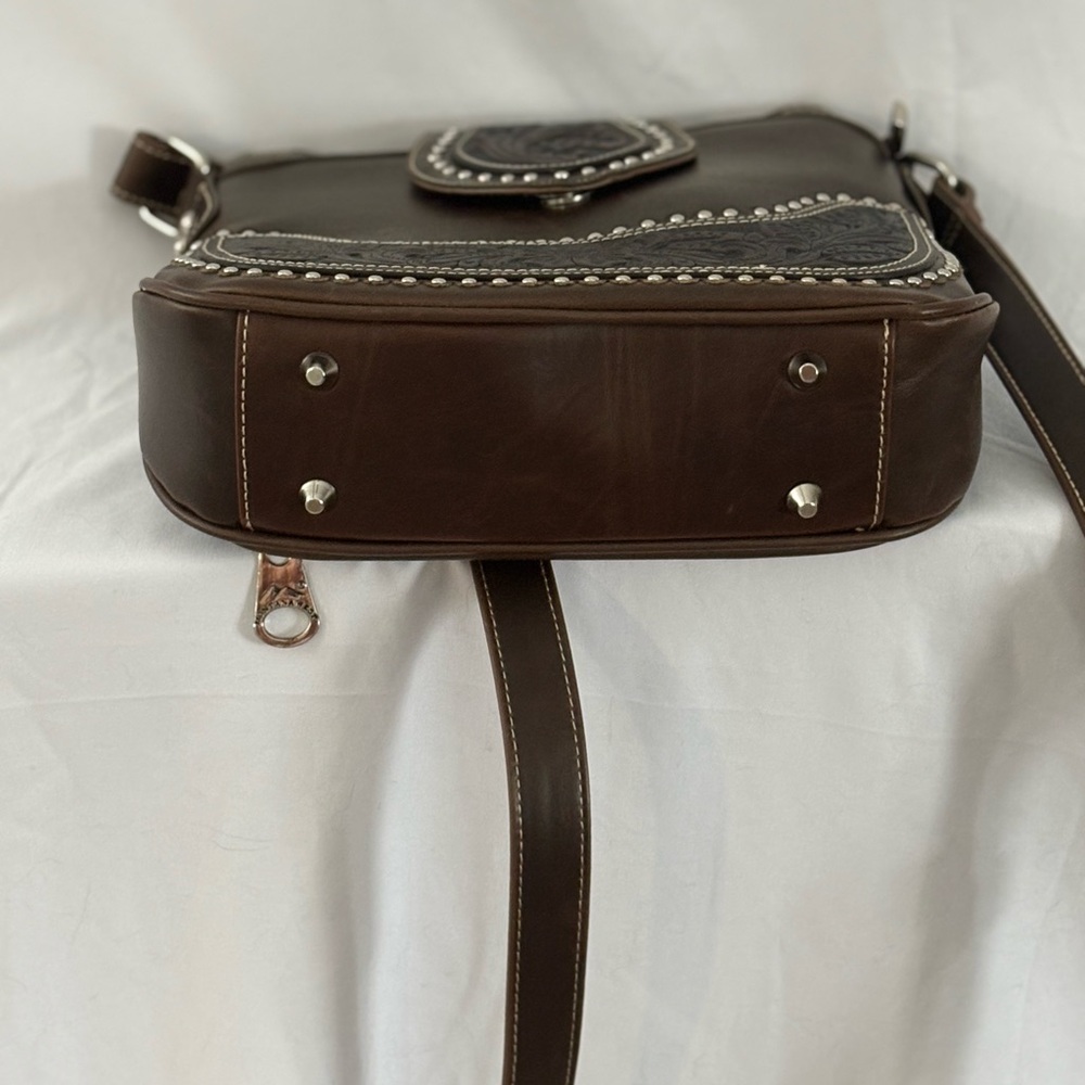 Montana West Western Style Tooled Leather And Studded Crossbody - Picture 9 of 15